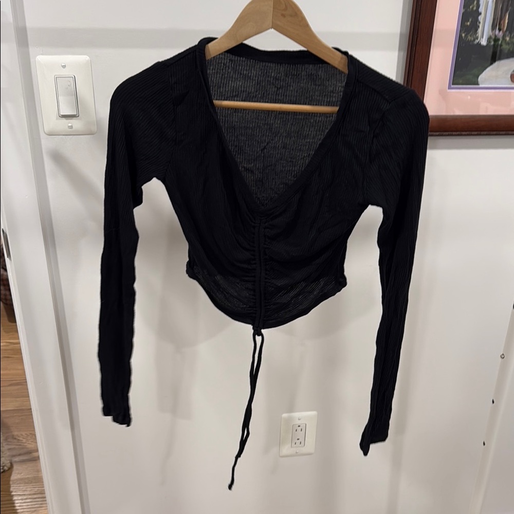 ALO Yoga Black and White Long Sleeve Tie Front Blouse